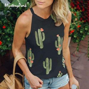 Planet Gates Black / L Summer Fashion Women O-neck Tops Cactus Pattern Printed Sleeveless Casual Tank Top Vest Female Camisole Tee