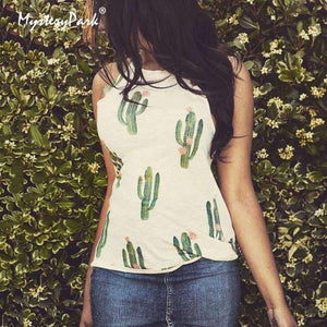 Planet Gates Black / L Summer Fashion Women O-neck Tops Cactus Pattern Printed Sleeveless Casual Tank Top Vest Female Camisole Tee