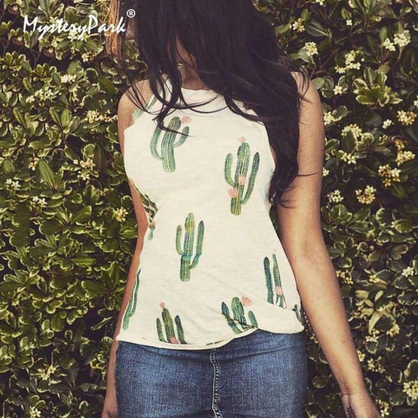 Planet Gates Black / L Summer Fashion Women O-neck Tops Cactus Pattern Printed Sleeveless Casual Tank Top Vest Female Camisole Tee