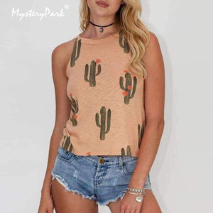 Planet Gates Black / L Summer Fashion Women O-neck Tops Cactus Pattern Printed Sleeveless Casual Tank Top Vest Female Camisole Tee
