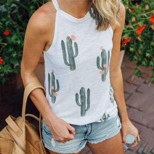 Planet Gates Black / L Summer Fashion Women O-neck Tops Cactus Pattern Printed Sleeveless Casual Tank Top Vest Female Camisole Tee