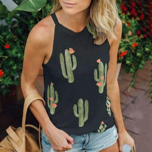 Planet Gates Black / L Summer Fashion Women O-neck Tops Cactus Pattern Printed Sleeveless Casual Tank Top Vest Female Camisole Tee
