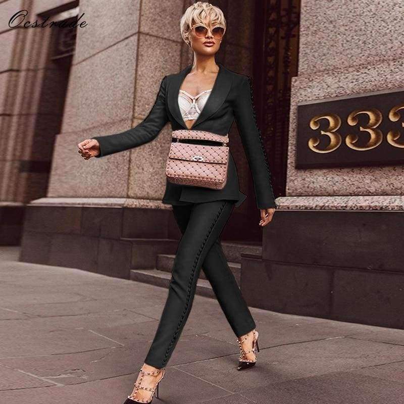 Planet Gates Black / L Summer Runway New Fashion Deep-v neck Elegant Formal White Evening Pant Suits for Women Suits 2 Pieces Set