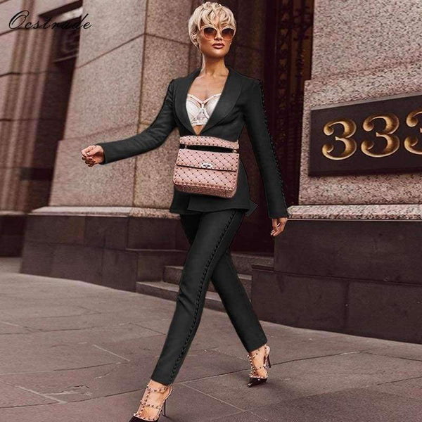 Planet Gates Black / L Summer Runway New Fashion Deep-v neck Elegant Formal White Evening Pant Suits for Women Suits 2 Pieces Set