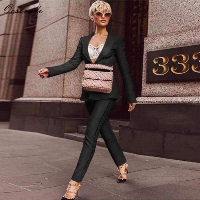 Planet Gates Black / L Summer Runway New Fashion Deep-v neck Elegant Formal White Evening Pant Suits for Women Suits 2 Pieces Set