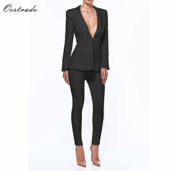 Planet Gates Black / L Summer Runway New Fashion Deep-v neck Elegant Formal White Evening Pant Suits for Women Suits 2 Pieces Set