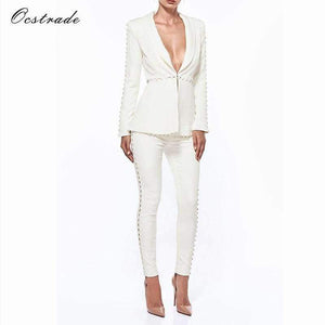 Planet Gates Black / L Summer Runway New Fashion Deep-v neck Elegant Formal White Evening Pant Suits for Women Suits 2 Pieces Set