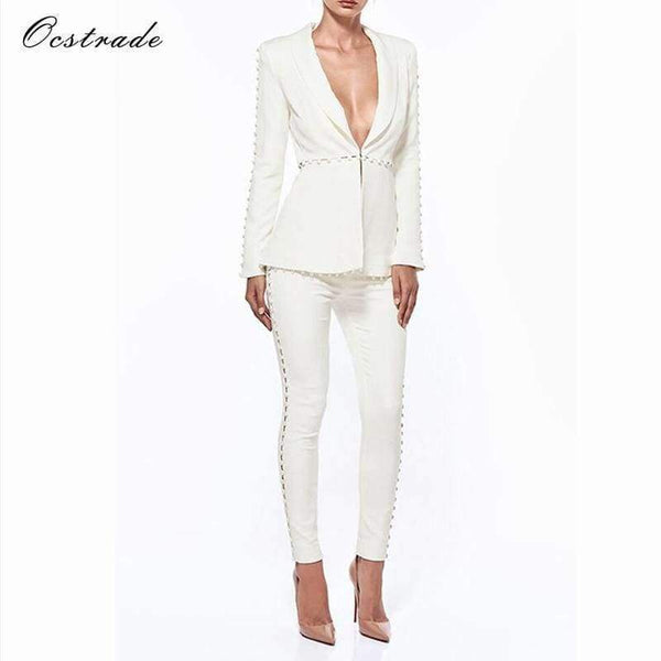 Planet Gates Black / L Summer Runway New Fashion Deep-v neck Elegant Formal White Evening Pant Suits for Women Suits 2 Pieces Set