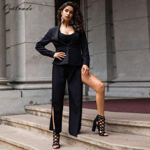 Planet Gates Black / L Summer Runway New Fashion Deep-v neck Elegant Formal White Evening Pant Suits for Women Suits 2 Pieces Set