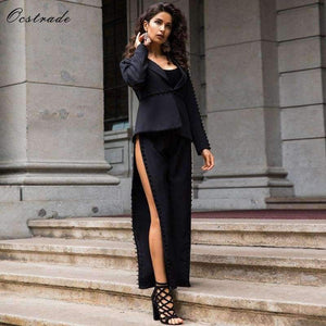 Planet Gates Black / L Summer Runway New Fashion Deep-v neck Elegant Formal White Evening Pant Suits for Women Suits 2 Pieces Set