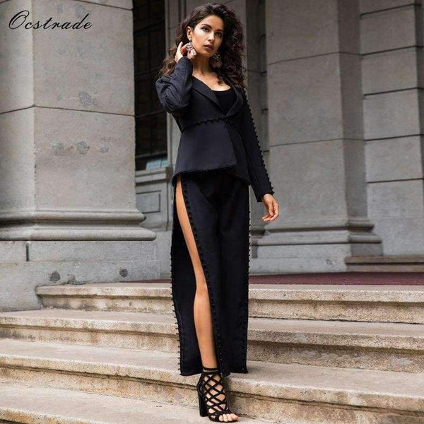 Planet Gates Black / L Summer Runway New Fashion Deep-v neck Elegant Formal White Evening Pant Suits for Women Suits 2 Pieces Set