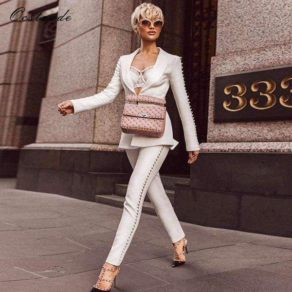 Planet Gates Black / L Summer Runway New Fashion Deep-v neck Elegant Formal White Evening Pant Suits for Women Suits 2 Pieces Set