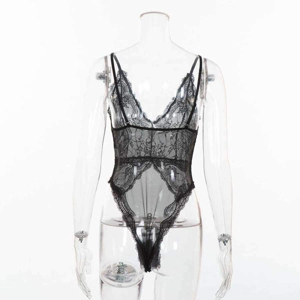 Planet Gates black / L V neck transparent mesh plunge lace bodysuit sexy bodycon jumpsuits for women 2018 hot teddy catsuit body mujer