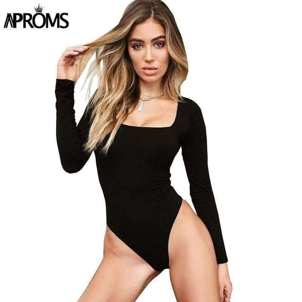 Planet Gates Black / L White Square Neck Knitted Bodysuit Women Sexy Long Sleeve Ribbed Slim Fit Bodysuit Streetwear Jumpsuit for women Top 2018