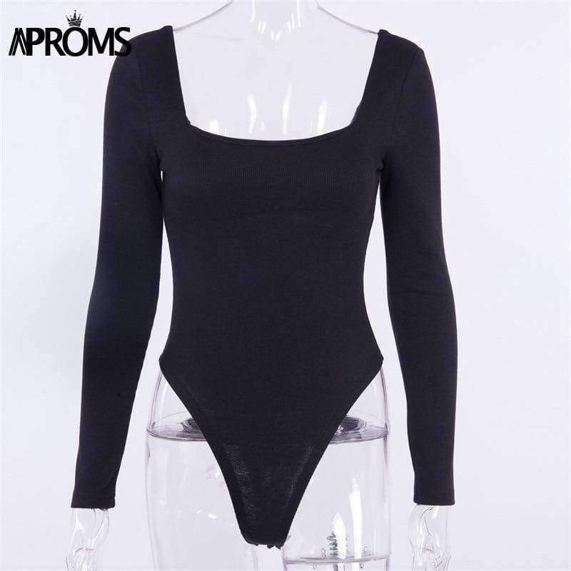 Planet Gates Black / L White Square Neck Knitted Bodysuit Women Sexy Long Sleeve Ribbed Slim Fit Bodysuit Streetwear Jumpsuit for women Top 2018