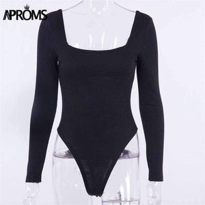 Planet Gates Black / L White Square Neck Knitted Bodysuit Women Sexy Long Sleeve Ribbed Slim Fit Bodysuit Streetwear Jumpsuit for women Top 2018