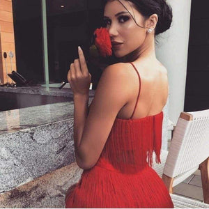 Planet Gates Black / L Women Tassel Bodycon Dresses Sleeveless Spaghetti Strap Sexy Dress Summer White Black Red Celebrity Party Dress