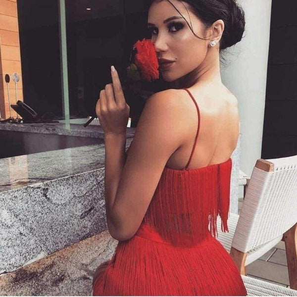 Planet Gates Black / L Women Tassel Bodycon Dresses Sleeveless Spaghetti Strap Sexy Dress Summer White Black Red Celebrity Party Dress