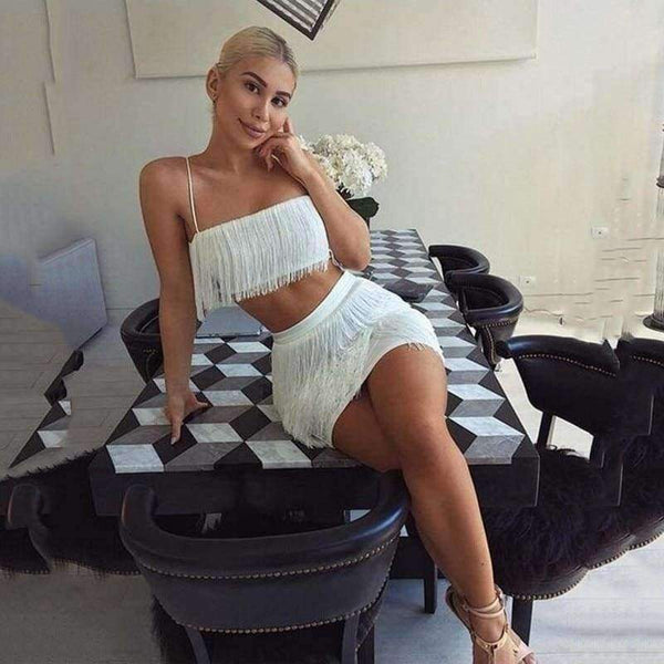 Planet Gates Black / L Women Tassel Bodycon Dresses Sleeveless Spaghetti Strap Sexy Dress Summer White Black Red Celebrity Party Dress