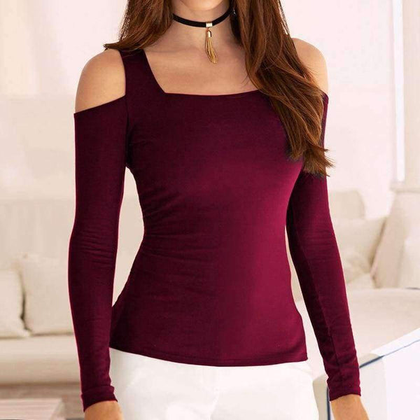 Planet Gates Black / L Women tops & tees Autumn Long Sleeve t-shirt feminina Casual Slim Solid Off Shoulder Top Shirt  Female 2018 Femme tshirt