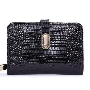 Planet Gates Black Leather Women Wallets Crocodile Pattern Small Wallet Magnetic Buckle Cowhide Women Purse With Zipper Short
