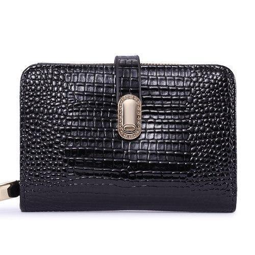 Planet Gates Black Leather Women Wallets Crocodile Pattern Small Wallet Magnetic Buckle Cowhide Women Purse With Zipper Short