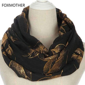 Planet Gates Black Loop New Fashion Shiny Black Foil Gold Autumn Leaves Long Cachecol Hijab Scarfs Wraps For Womens Ladies