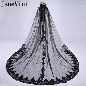 Planet Gates Black Luxurious 3M Lace Applique Edge One-Layer Cathedral Length Sequins Bridal Veil with Comb Wedding Accessories