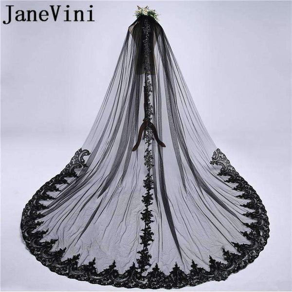 Planet Gates Black Luxurious 3M Lace Applique Edge One-Layer Cathedral Length Sequins Bridal Veil with Comb Wedding Accessories
