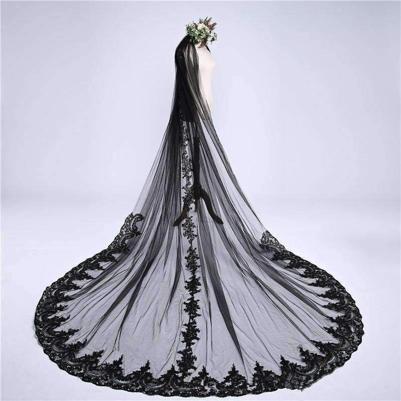 Planet Gates Black Luxurious 3M Lace Applique Edge One-Layer Cathedral Length Sequins Bridal Veil with Comb Wedding Accessories