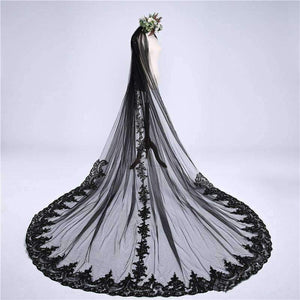 Planet Gates Black Luxurious 3M Lace Applique Edge One-Layer Cathedral Length Sequins Bridal Veil with Comb Wedding Accessories