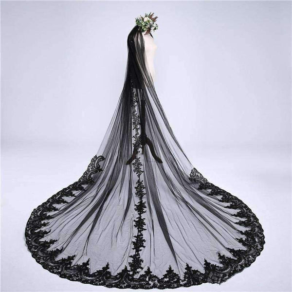 Planet Gates Black Luxurious 3M Lace Applique Edge One-Layer Cathedral Length Sequins Bridal Veil with Comb Wedding Accessories