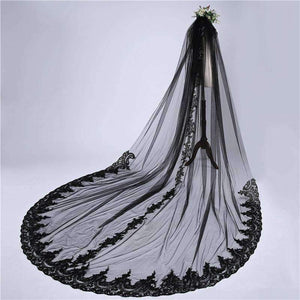 Planet Gates Black Luxurious 3M Lace Applique Edge One-Layer Cathedral Length Sequins Bridal Veil with Comb Wedding Accessories