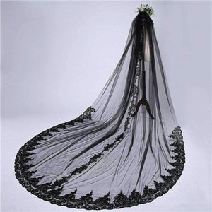 Planet Gates Black Luxurious 3M Lace Applique Edge One-Layer Cathedral Length Sequins Bridal Veil with Comb Wedding Accessories