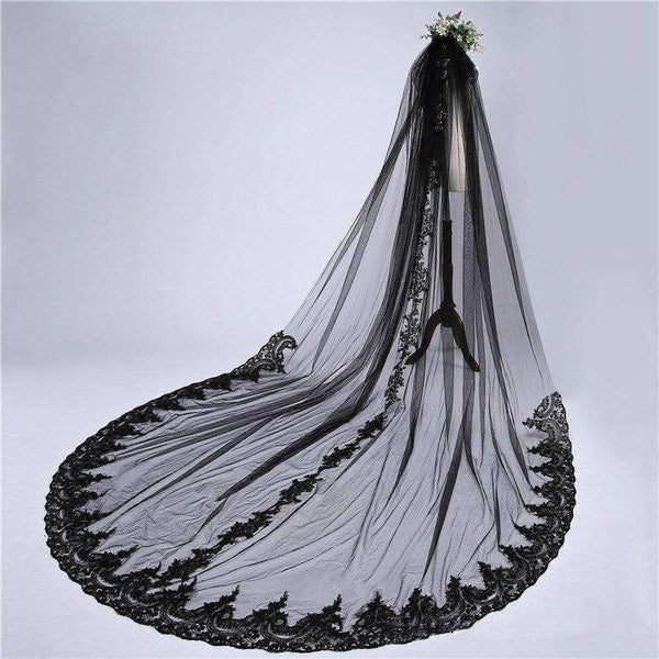 Planet Gates Black Luxurious 3M Lace Applique Edge One-Layer Cathedral Length Sequins Bridal Veil with Comb Wedding Accessories