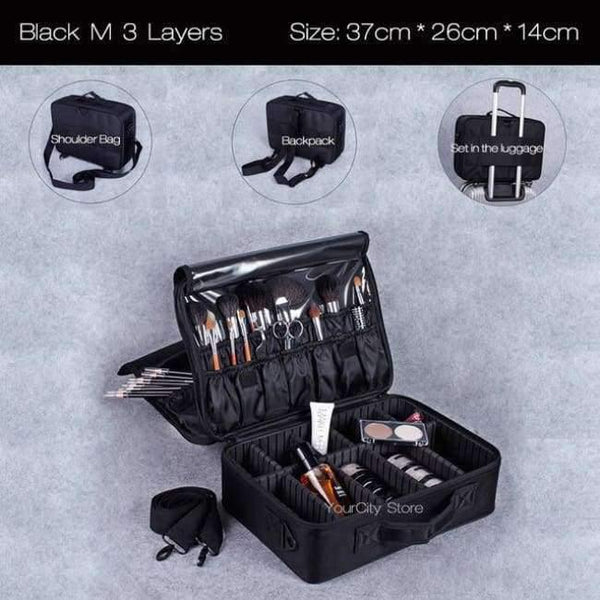 Planet Gates Black M 3 Layers Fashion Cosmetic Bag Travel Makeup Organizer Professional Make Up Box Cosmetics Pouch Bags Beauty Case For Makeup Artist
