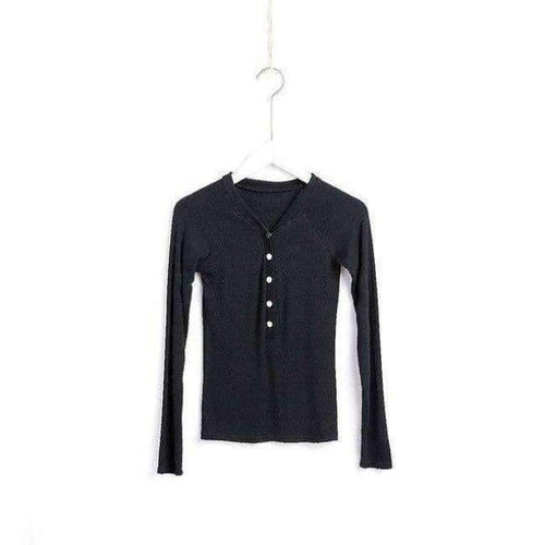 Planet Gates black / M Basic V Neck Women Cotton T-shirts Female Casual Tops Long Sleeve T-shirt Women Soft Elegant Knit Top Tees With Button