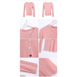 Planet Gates black / M Basic V Neck Women Cotton T-shirts Female Casual Tops Long Sleeve T-shirt Women Soft Elegant Knit Top Tees With Button