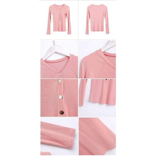 Planet Gates black / M Basic V Neck Women Cotton T-shirts Female Casual Tops Long Sleeve T-shirt Women Soft Elegant Knit Top Tees With Button