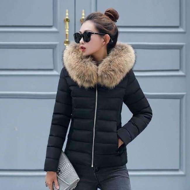 Planet Gates Black / M Coat Autumn With Fur Collar Hooded Cotton Padded Winter Jacket Women Short Outwear Basic Jacket