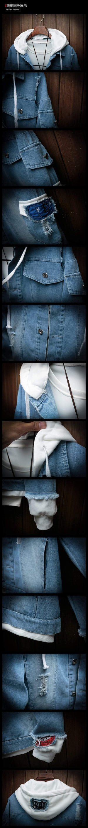 Planet Gates black / M Hooded Denim Jacket Men Fashion Fake Two Pieces Of Streetwear Bomber Jacket and Coat Man