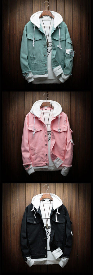 Planet Gates black / M Hooded Denim Jacket Men Fashion Fake Two Pieces Of Streetwear Bomber Jacket and Coat Man