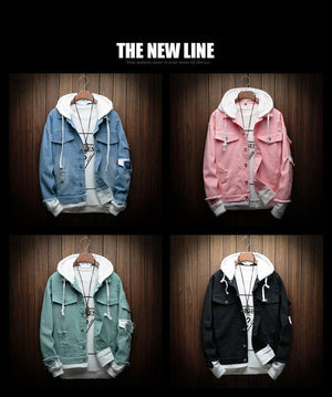Planet Gates black / M Hooded Denim Jacket Men Fashion Fake Two Pieces Of Streetwear Bomber Jacket and Coat Man