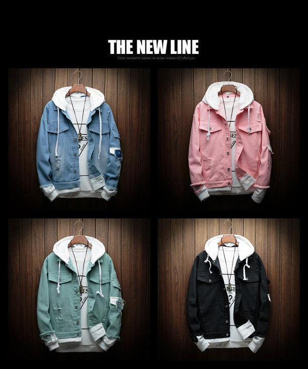 Planet Gates black / M Hooded Denim Jacket Men Fashion Fake Two Pieces Of Streetwear Bomber Jacket and Coat Man