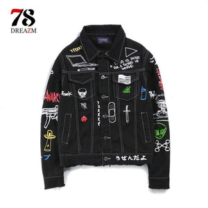 Planet Gates Black / M Jeans jacket Long Sleeve Mens Hip Hop Printed Pocket Casual Shirts Fashion Streetwear