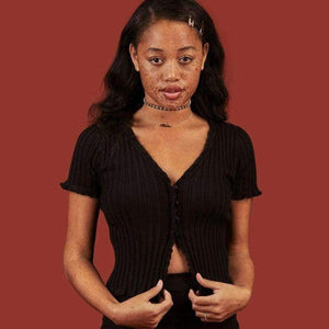 Planet Gates Black / M Knitted Short Ruffles Sleeve Shirt Crop Top Unif Sexy Street Wear White Femme Short Sleeve funny T Shirt Summer