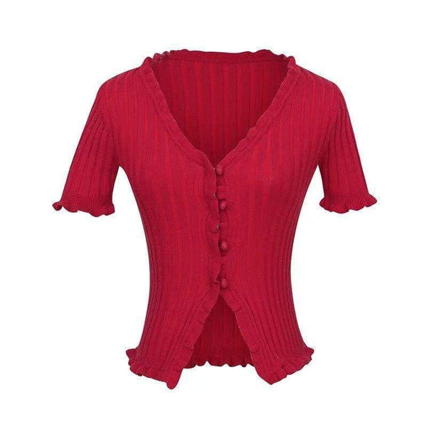 Planet Gates Black / M Knitted Short Ruffles Sleeve Shirt Crop Top Unif Sexy Street Wear White Femme Short Sleeve funny T Shirt Summer