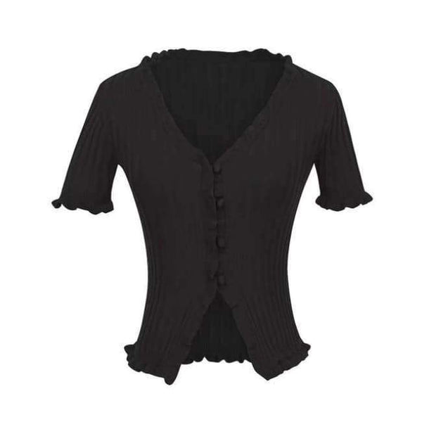 Planet Gates Black / M Knitted Short Ruffles Sleeve Shirt Crop Top Unif Sexy Street Wear White Femme Short Sleeve funny T Shirt Summer