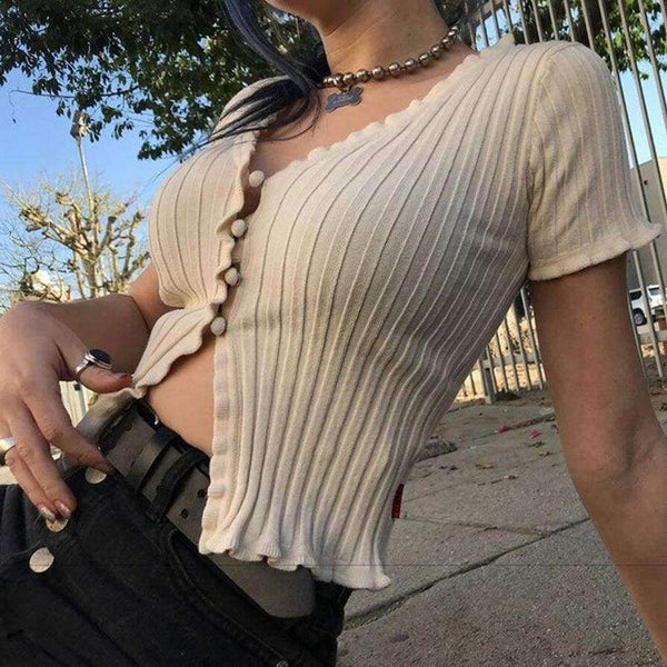 Planet Gates Black / M Knitted Short Ruffles Sleeve Shirt Crop Top Unif Sexy Street Wear White Femme Short Sleeve funny T Shirt Summer