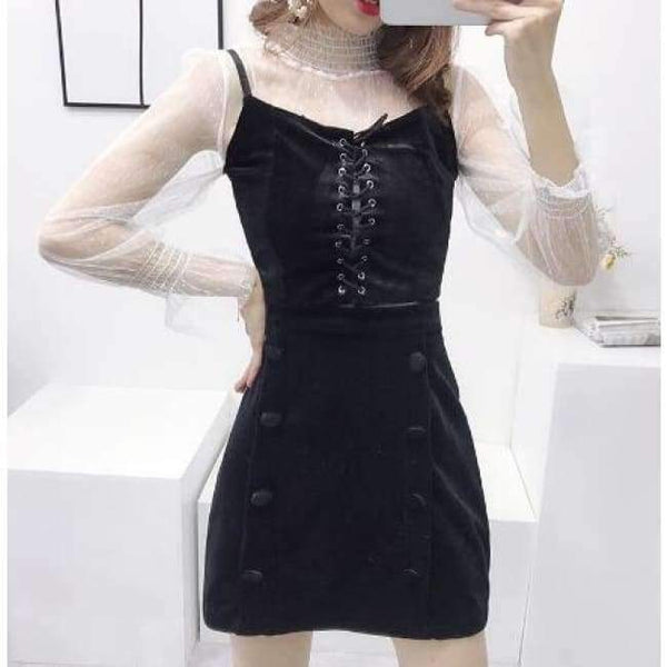 Planet Gates Black / M Sexy 3 Piece Sets European Mesh Blusa + Velvet Cami + Velvert Skirts Fashion Women Sets 2018 Autumn New